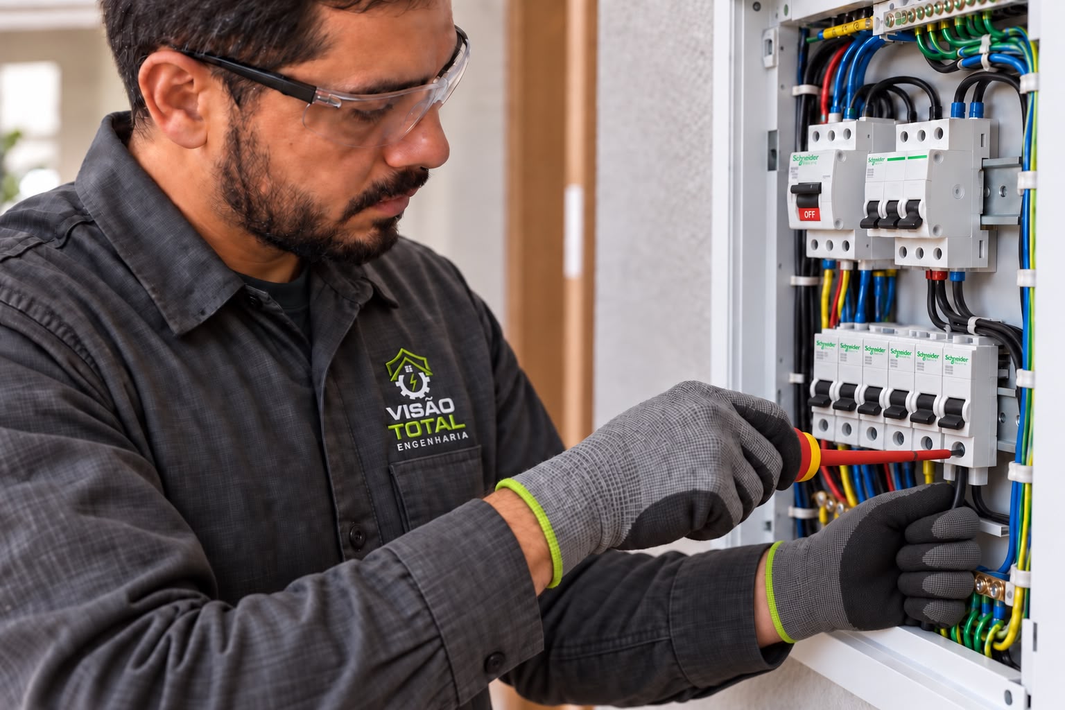 Profissional com uniforme da Visão Total trabalhando em quadro elétrico organizado
